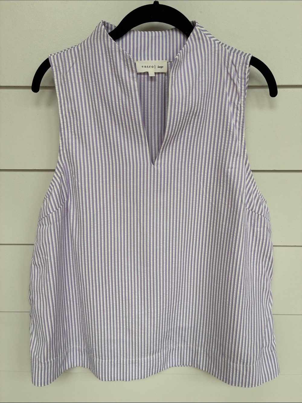 Entro Lavender and White Striped Sleeveless Split-Neck Top